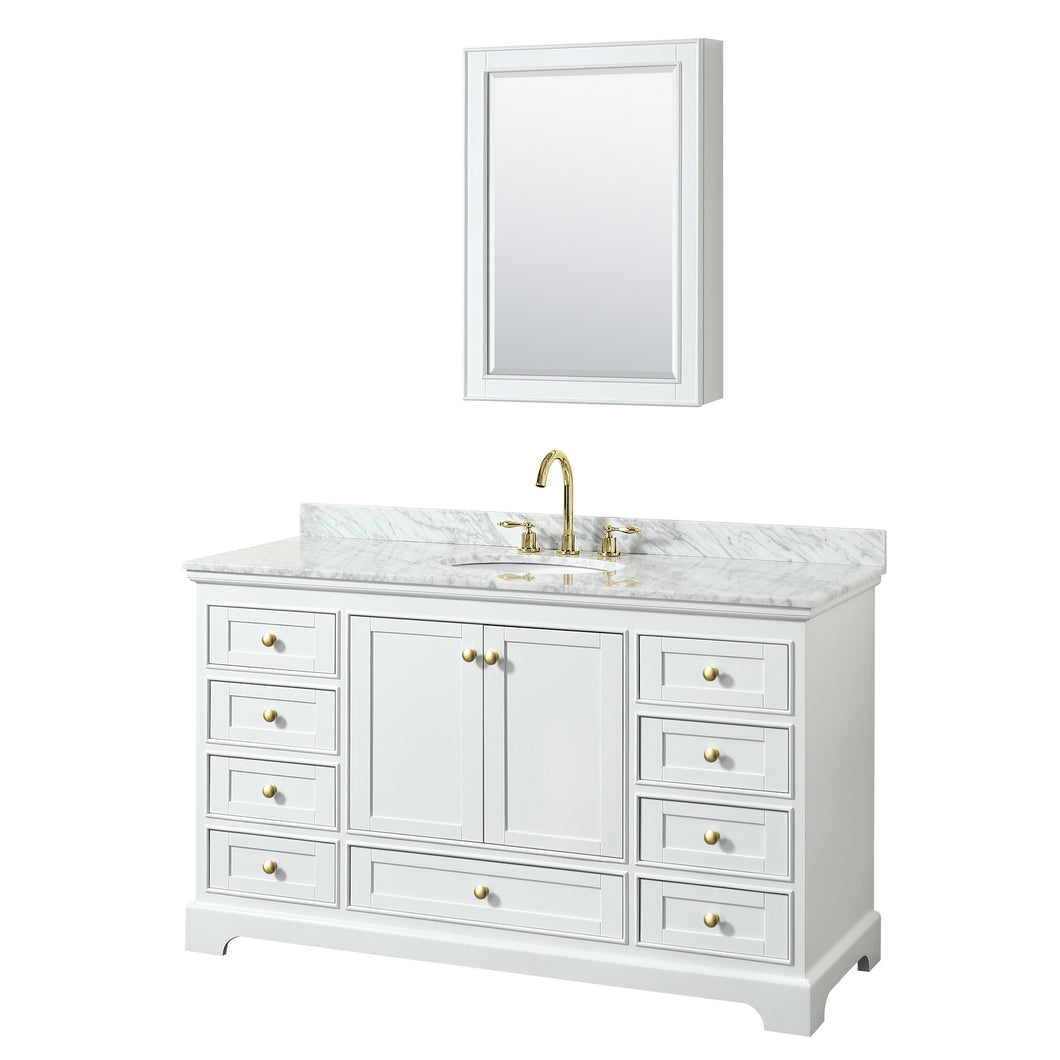 Wyndham Deborah 60 Inch Single Bathroom Vanity in White, White Carrara Marble Countertop, Undermount Oval Sink, Brushed Gold Trim, Medicine Cabinet- Wyndham