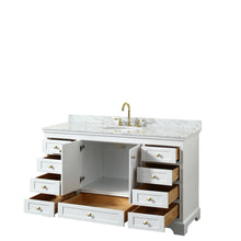 Load image into Gallery viewer, Wyndham Deborah 60 Inch Single Bathroom Vanity in White, White Carrara Marble Countertop, Undermount Oval Sink, Brushed Gold Trim, No Mirror- Wyndham
