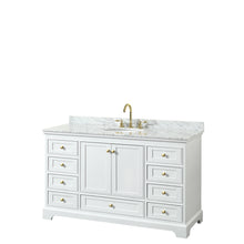 Load image into Gallery viewer, Wyndham Deborah 60 Inch Single Bathroom Vanity in White, White Carrara Marble Countertop, Undermount Oval Sink, Brushed Gold Trim, No Mirror- Wyndham