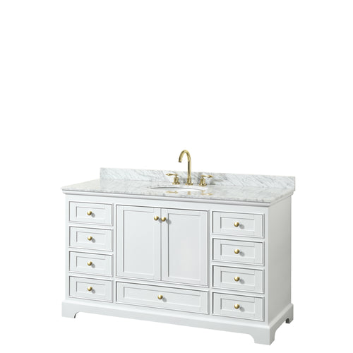 Wyndham Deborah 60 Inch Single Bathroom Vanity in White, White Carrara Marble Countertop, Undermount Oval Sink, Brushed Gold Trim, No Mirror- Wyndham