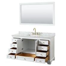 Load image into Gallery viewer, Wyndham Deborah 60 Inch Single Bathroom Vanity in White, White Carrara Marble Countertop, Undermount Square Sink, Brushed Gold Trim, 58 Inch Mirror- Wyndham