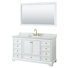 Load image into Gallery viewer, Wyndham Deborah 60 Inch Single Bathroom Vanity in White, White Carrara Marble Countertop, Undermount Square Sink, Brushed Gold Trim, 58 Inch Mirror- Wyndham