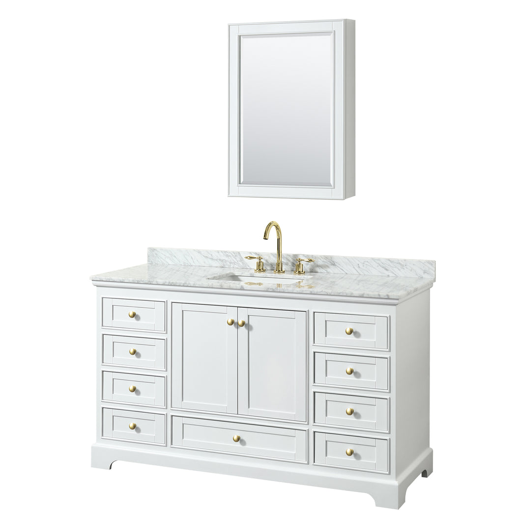 Wyndham Deborah 60 Inch Single Bathroom Vanity in White, White Carrara Marble Countertop, Undermount Square Sink, Brushed Gold Trim, Medicine Cabinet- Wyndham