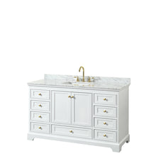 Load image into Gallery viewer, Wyndham Deborah 60 Inch Single Bathroom Vanity in White, White Carrara Marble Countertop, Undermount Square Sink, Brushed Gold Trim, No Mirror- Wyndham