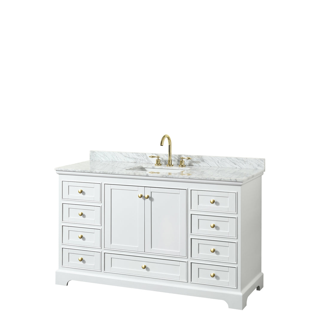 Wyndham Deborah 60 Inch Single Bathroom Vanity in White, White Carrara Marble Countertop, Undermount Square Sink, Brushed Gold Trim, No Mirror- Wyndham