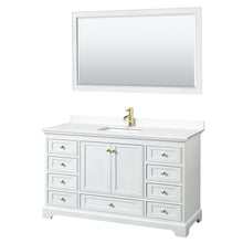 Load image into Gallery viewer, Wyndham Deborah 60 Inch Single Bathroom Vanity in White, White Cultured Marble Countertop, Undermount Square Sink, Brushed Gold Trim, 58 Inch Mirror- Wyndham