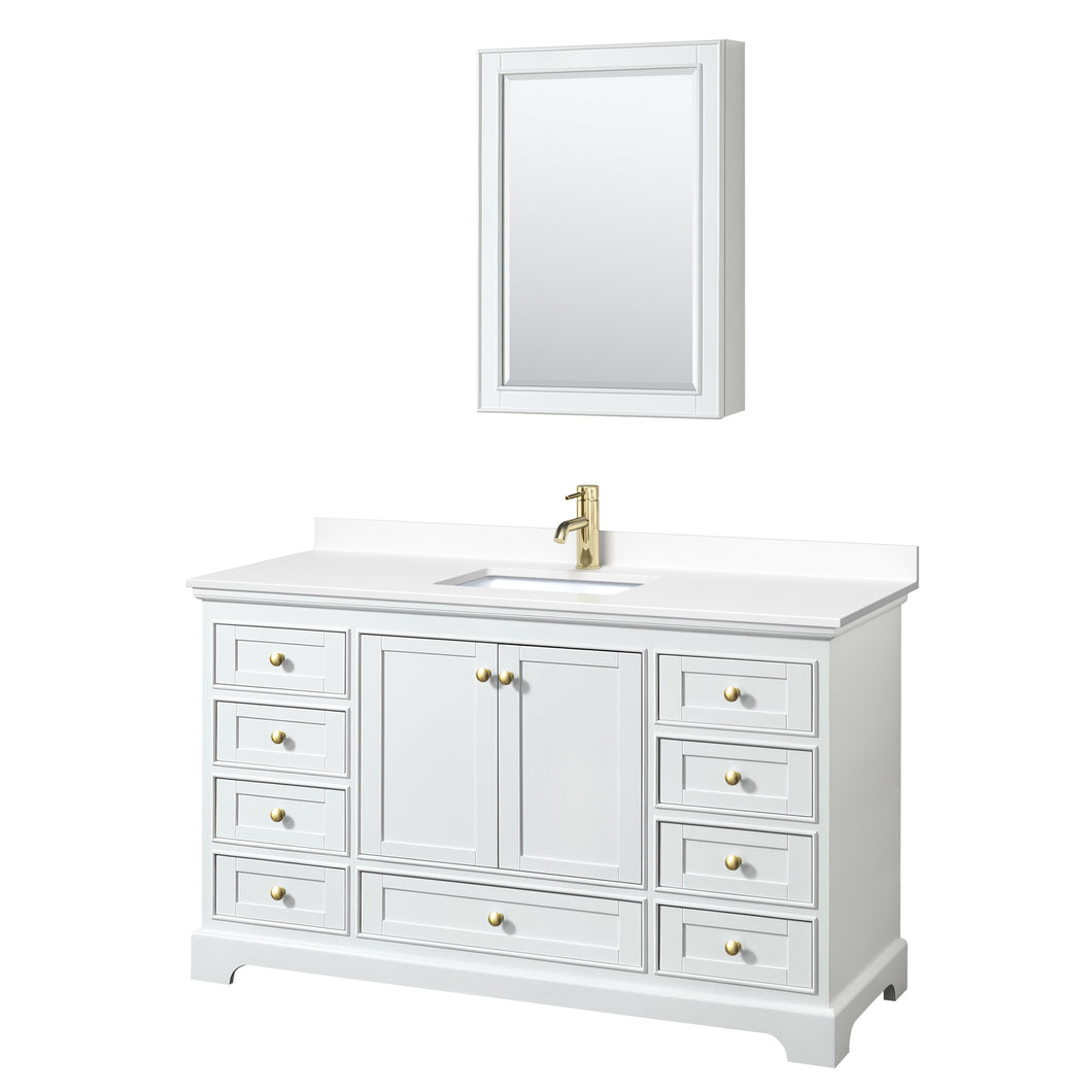 Wyndham Deborah 60 Inch Single Bathroom Vanity in White, White Cultured Marble Countertop, Undermount Square Sink, Brushed Gold Trim, Medicine Cabinet- Wyndham