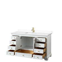 Load image into Gallery viewer, Wyndham Deborah 60 Inch Single Bathroom Vanity in White, White Cultured Marble Countertop, Undermount Square Sink, Brushed Gold Trim, No Mirror- Wyndham