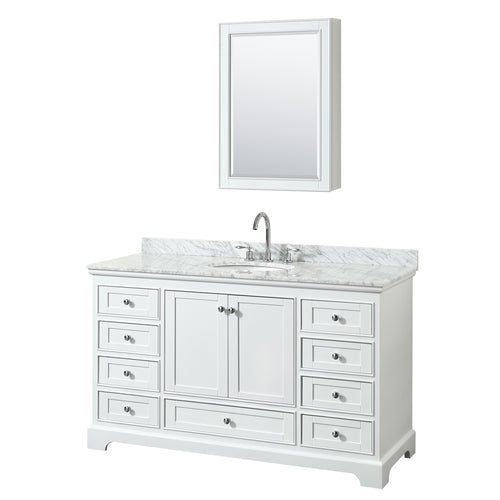 Wyndham Deborah 60 Inch Single Bathroom Vanity in White, White Carrara Marble Countertop, Undermount Oval Sink, and Medicine Cabinet- Wyndham