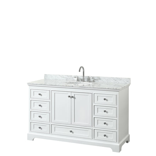 Wyndham Deborah 60 Inch Single Bathroom Vanity in White, White Carrara Marble Countertop, Undermount Oval Sink, and No Mirror- Wyndham