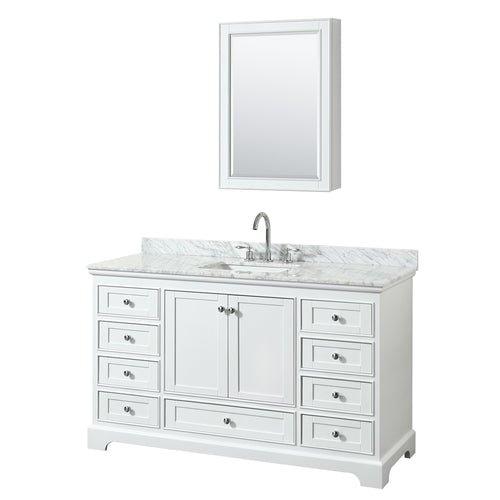 Wyndham Deborah 60 Inch Single Bathroom Vanity in White, White Carrara Marble Countertop, Undermount Square Sink, and Medicine Cabinet- Wyndham
