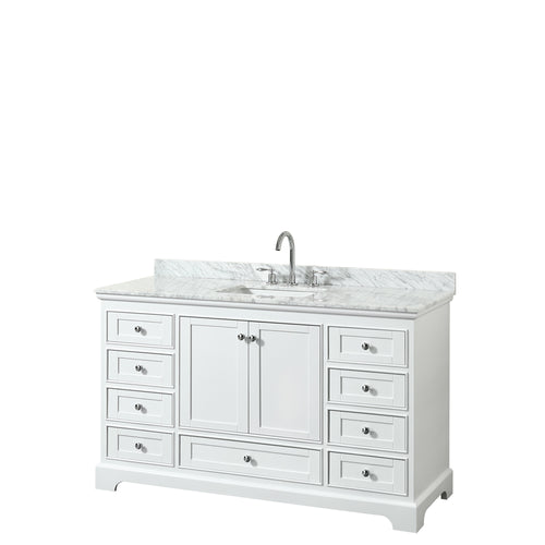 Wyndham Deborah 60 Inch Single Bathroom Vanity in White, White Carrara Marble Countertop, Undermount Square Sink, and No Mirror- Wyndham
