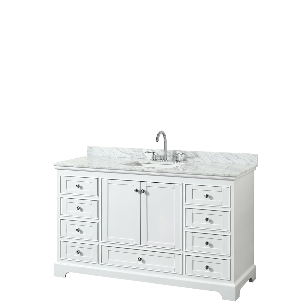 Wyndham Deborah 60 Inch Single Bathroom Vanity in White, White Carrara Marble Countertop, Undermount Square Sink, and No Mirror- Wyndham