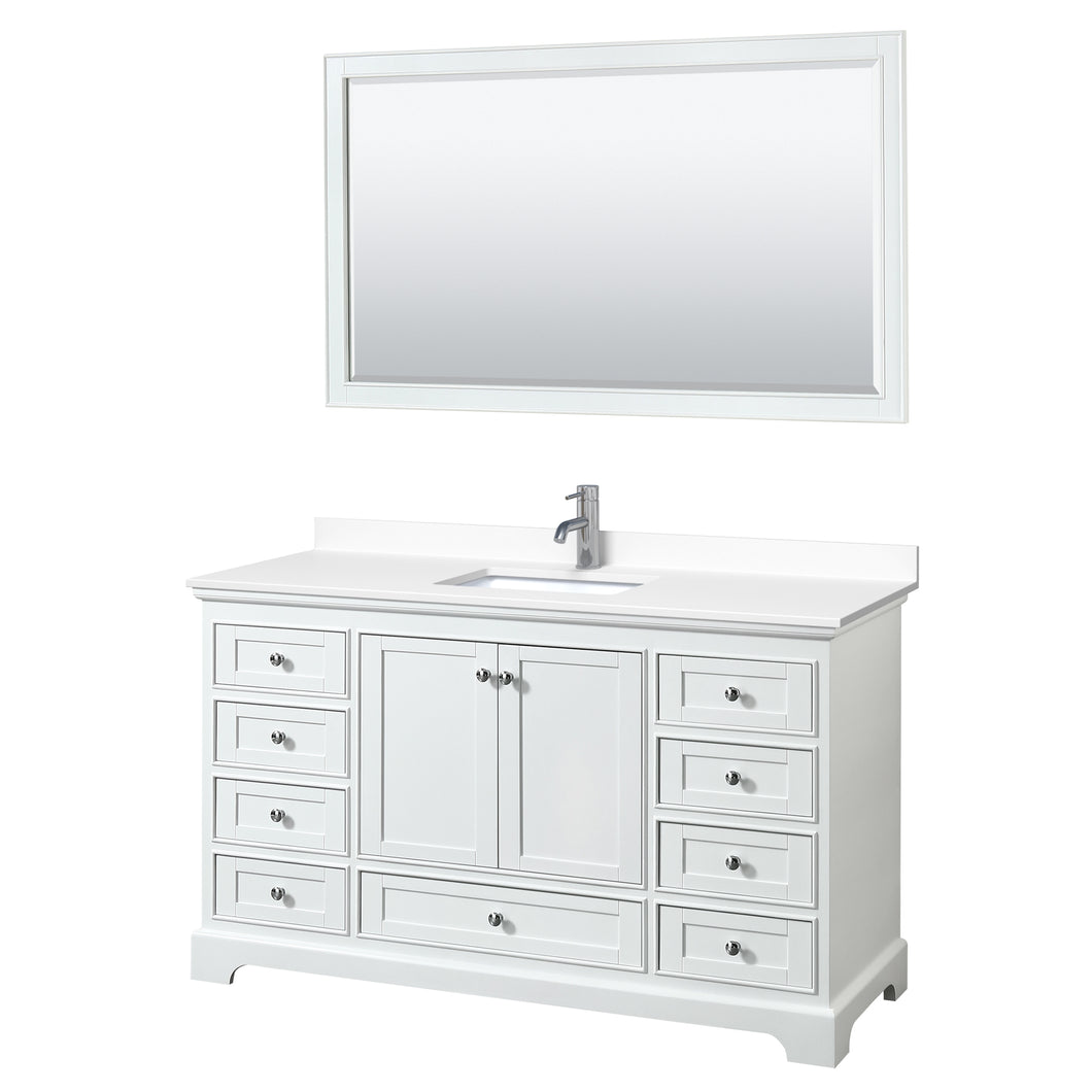 Wyndham Deborah 60 Inch Single Bathroom Vanity in White, White Cultured Marble Countertop, Undermount Square Sink, 58 Inch Mirror- Wyndham