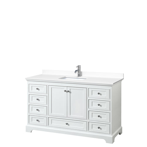 Wyndham Deborah 60 Inch Single Bathroom Vanity in White, White Cultured Marble Countertop, Undermount Square Sink, No Mirror- Wyndham
