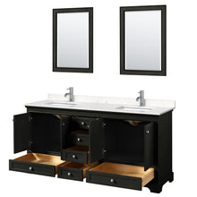 Load image into Gallery viewer, Wyndham Deborah 72 Inch Double Bathroom Vanity in Dark Espresso, Light-Vein Carrara Cultured Marble Countertop, Undermount Square Sinks, 24 Inch Mirrors- Wyndham