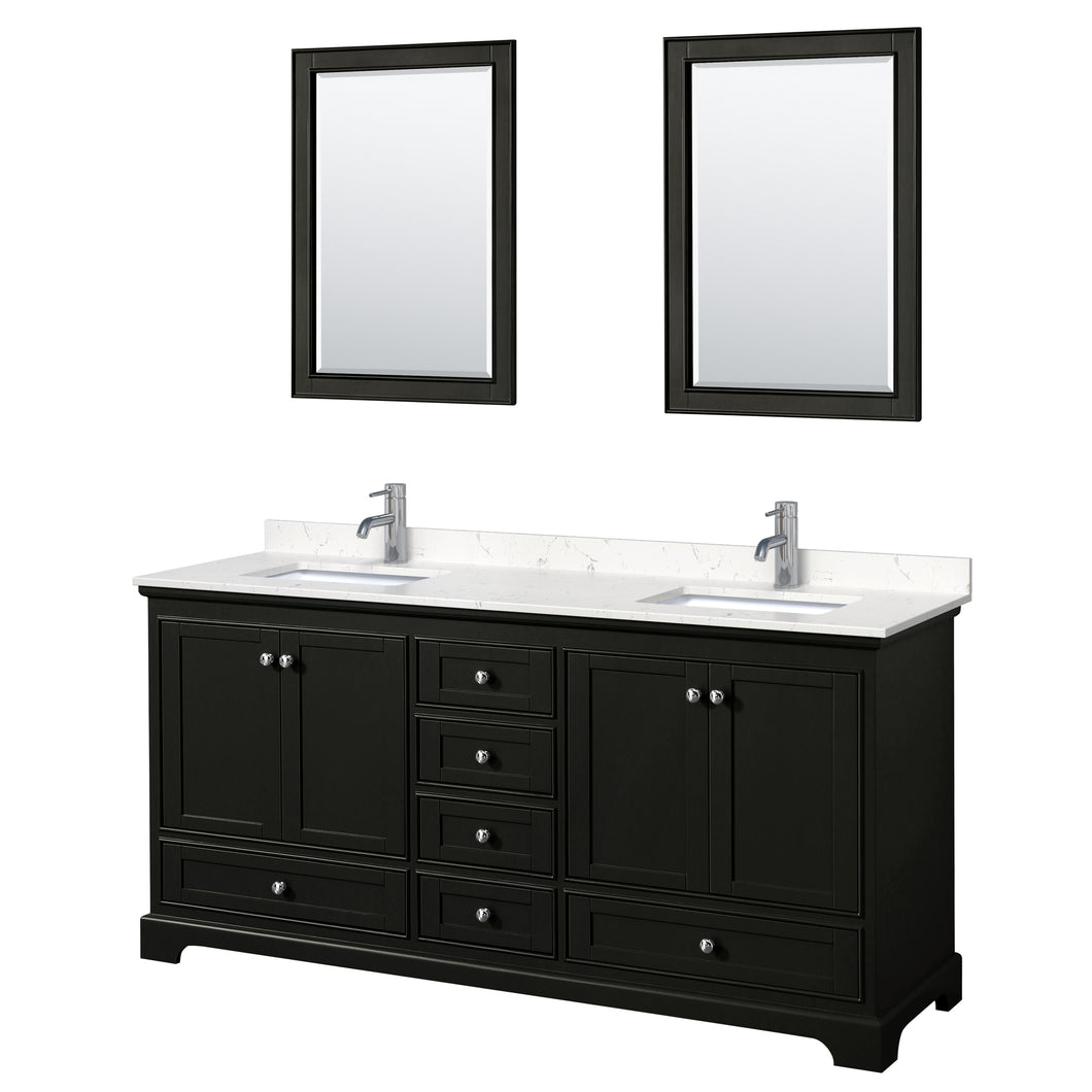 Wyndham Deborah 72 Inch Double Bathroom Vanity in Dark Espresso, Light-Vein Carrara Cultured Marble Countertop, Undermount Square Sinks, 24 Inch Mirrors- Wyndham