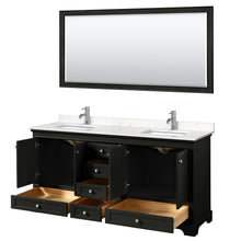Load image into Gallery viewer, Wyndham Deborah 72 Inch Double Bathroom Vanity in Dark Espresso, Light-Vein Carrara Cultured Marble Countertop, Undermount Square Sinks, 70 Inch Mirror- Wyndham