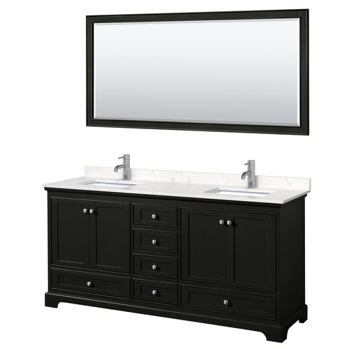 Wyndham Deborah 72 Inch Double Bathroom Vanity in Dark Espresso, Light-Vein Carrara Cultured Marble Countertop, Undermount Square Sinks, 70 Inch Mirror- Wyndham
