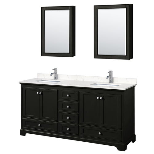 Wyndham Deborah 72 Inch Double Bathroom Vanity in Dark Espresso, Light-Vein Carrara Cultured Marble Countertop, Undermount Square Sinks, Medicine Cabinets- Wyndham