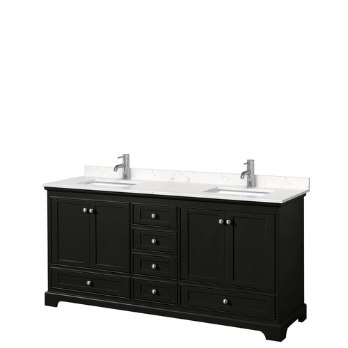 Wyndham Deborah 72 Inch Double Bathroom Vanity in Dark Espresso, Light-Vein Carrara Cultured Marble Countertop, Undermount Square Sinks, No Mirrors- Wyndham