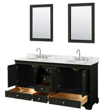 Load image into Gallery viewer, Wyndham Deborah 72 Inch Double Bathroom Vanity in Dark Espresso, White Carrara Marble Countertop, Undermount Oval Sinks, and 24 Inch Mirrors- Wyndham