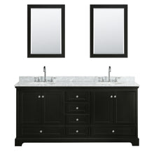 Load image into Gallery viewer, Wyndham Deborah 72 Inch Double Bathroom Vanity in Dark Espresso, White Carrara Marble Countertop, Undermount Oval Sinks, and Medicine Cabinets- Wyndham