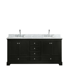 Load image into Gallery viewer, Wyndham Deborah 72 Inch Double Bathroom Vanity in Dark Espresso, White Carrara Marble Countertop, Undermount Oval Sinks, and No Mirrors- Wyndham