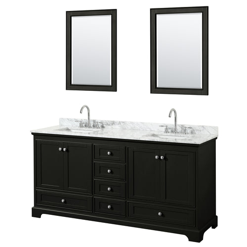 Wyndham Deborah 72 Inch Double Bathroom Vanity in Dark Espresso, White Carrara Marble Countertop, Undermount Square Sinks, and 24 Inch Mirrors- Wyndham