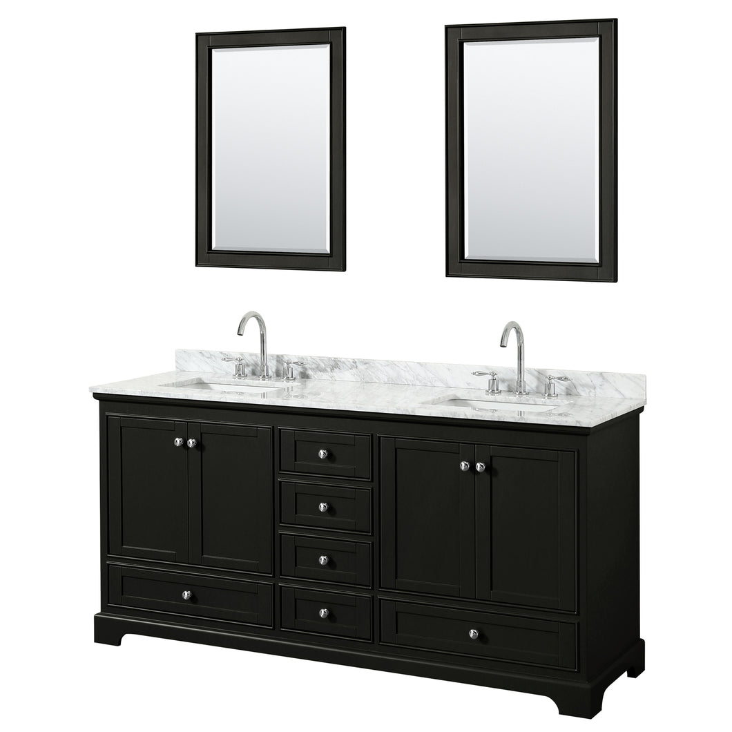 Wyndham Deborah 72 Inch Double Bathroom Vanity in Dark Espresso, White Carrara Marble Countertop, Undermount Square Sinks, and 24 Inch Mirrors- Wyndham