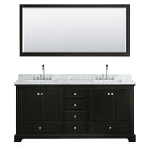 Load image into Gallery viewer, Wyndham Deborah 72 Inch Double Bathroom Vanity in Dark Espresso, White Carrara Marble Countertop, Undermount Square Sinks, and 70 Inch Mirror- Wyndham