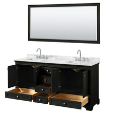 Load image into Gallery viewer, Wyndham Deborah 72 Inch Double Bathroom Vanity in Dark Espresso, White Carrara Marble Countertop, Undermount Square Sinks, and 70 Inch Mirror- Wyndham