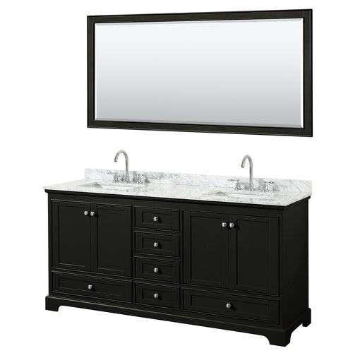 Wyndham Deborah 72 Inch Double Bathroom Vanity in Dark Espresso, White Carrara Marble Countertop, Undermount Square Sinks, and 70 Inch Mirror- Wyndham
