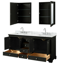 Load image into Gallery viewer, Wyndham Deborah 72 Inch Double Bathroom Vanity in Dark Espresso, White Carrara Marble Countertop, Undermount Square Sinks, and Medicine Cabinets- Wyndham