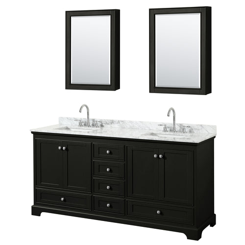 Wyndham Deborah 72 Inch Double Bathroom Vanity in Dark Espresso, White Carrara Marble Countertop, Undermount Square Sinks, and Medicine Cabinets- Wyndham
