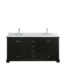 Load image into Gallery viewer, Wyndham Deborah 72 Inch Double Bathroom Vanity in Dark Espresso, White Carrara Marble Countertop, Undermount Square Sinks, and No Mirrors- Wyndham