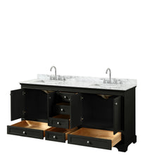 Load image into Gallery viewer, Wyndham Deborah 72 Inch Double Bathroom Vanity in Dark Espresso, White Carrara Marble Countertop, Undermount Square Sinks, and No Mirrors- Wyndham