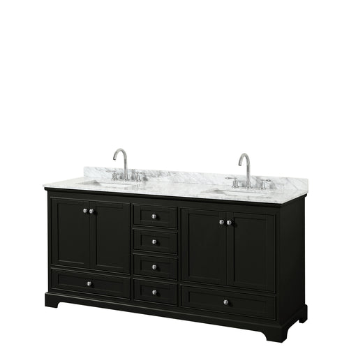 Wyndham Deborah 72 Inch Double Bathroom Vanity in Dark Espresso, White Carrara Marble Countertop, Undermount Square Sinks, and No Mirrors- Wyndham