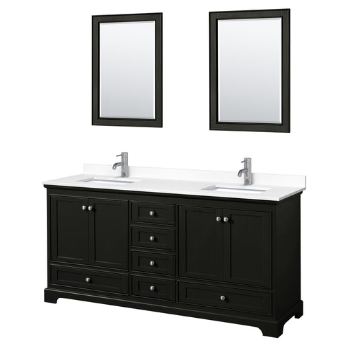 Wyndham Deborah 72 Inch Double Bathroom Vanity in Dark Espresso, White Cultured Marble Countertop, Undermount Square Sinks, 24 Inch Mirrors- Wyndham