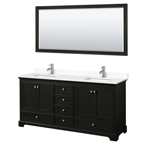 Wyndham Deborah 72 Inch Double Bathroom Vanity in Dark Espresso, White Cultured Marble Countertop, Undermount Square Sinks, 70 Inch Mirror- Wyndham