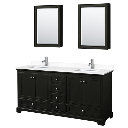 Wyndham Deborah 72 Inch Double Bathroom Vanity in Dark Espresso, White Cultured Marble Countertop, Undermount Square Sinks, Medicine Cabinets- Wyndham
