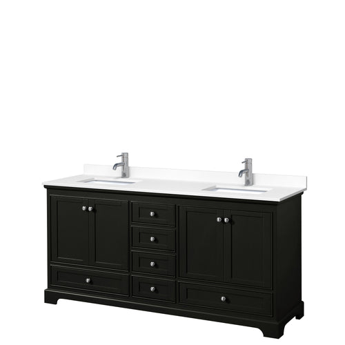 Wyndham Deborah 72 Inch Double Bathroom Vanity in Dark Espresso, White Cultured Marble Countertop, Undermount Square Sinks, No Mirrors- Wyndham