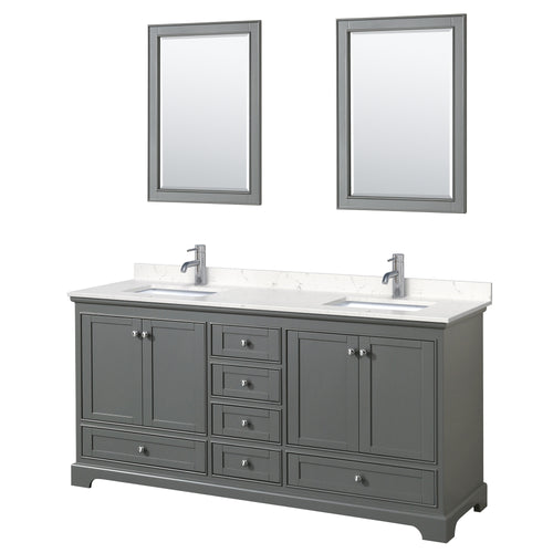 Wyndham Deborah 72 Inch Double Bathroom Vanity in Dark Gray, Light-Vein Carrara Cultured Marble Countertop, Undermount Square Sinks, 24 Inch Mirrors- Wyndham