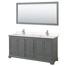 Load image into Gallery viewer, Wyndham Deborah 72 Inch Double Bathroom Vanity in Dark Gray, Light-Vein Carrara Cultured Marble Countertop, Undermount Square Sinks, 70 Inch Mirror- Wyndham