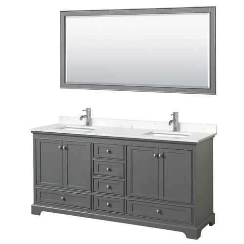 Wyndham Deborah 72 Inch Double Bathroom Vanity in Dark Gray, Light-Vein Carrara Cultured Marble Countertop, Undermount Square Sinks, 70 Inch Mirror- Wyndham