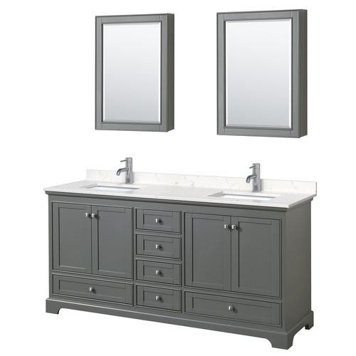 Wyndham Deborah 72 Inch Double Bathroom Vanity in Dark Gray, Light-Vein Carrara Cultured Marble Countertop, Undermount Square Sinks, Medicine Cabinets- Wyndham