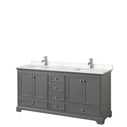 Wyndham Deborah 72 Inch Double Bathroom Vanity in Dark Gray, Light-Vein Carrara Cultured Marble Countertop, Undermount Square Sinks, No Mirrors- Wyndham
