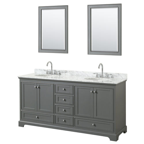 Wyndham Deborah 72 Inch Double Bathroom Vanity in Dark Gray, White Carrara Marble Countertop, Undermount Oval Sinks, and 24 Inch Mirrors- Wyndham