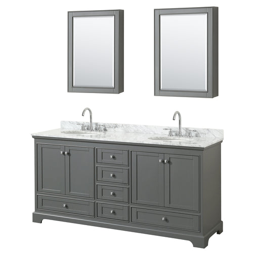 Wyndham Deborah 72 Inch Double Bathroom Vanity in Dark Gray, White Carrara Marble Countertop, Undermount Oval Sinks, and Medicine Cabinets- Wyndham