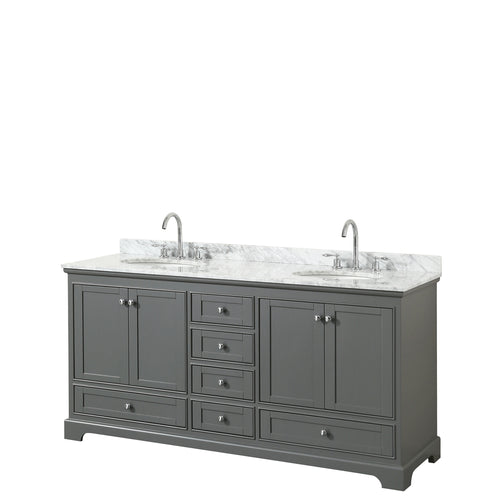 Wyndham Deborah 72 Inch Double Bathroom Vanity in Dark Gray, White Carrara Marble Countertop, Undermount Oval Sinks, and No Mirrors- Wyndham